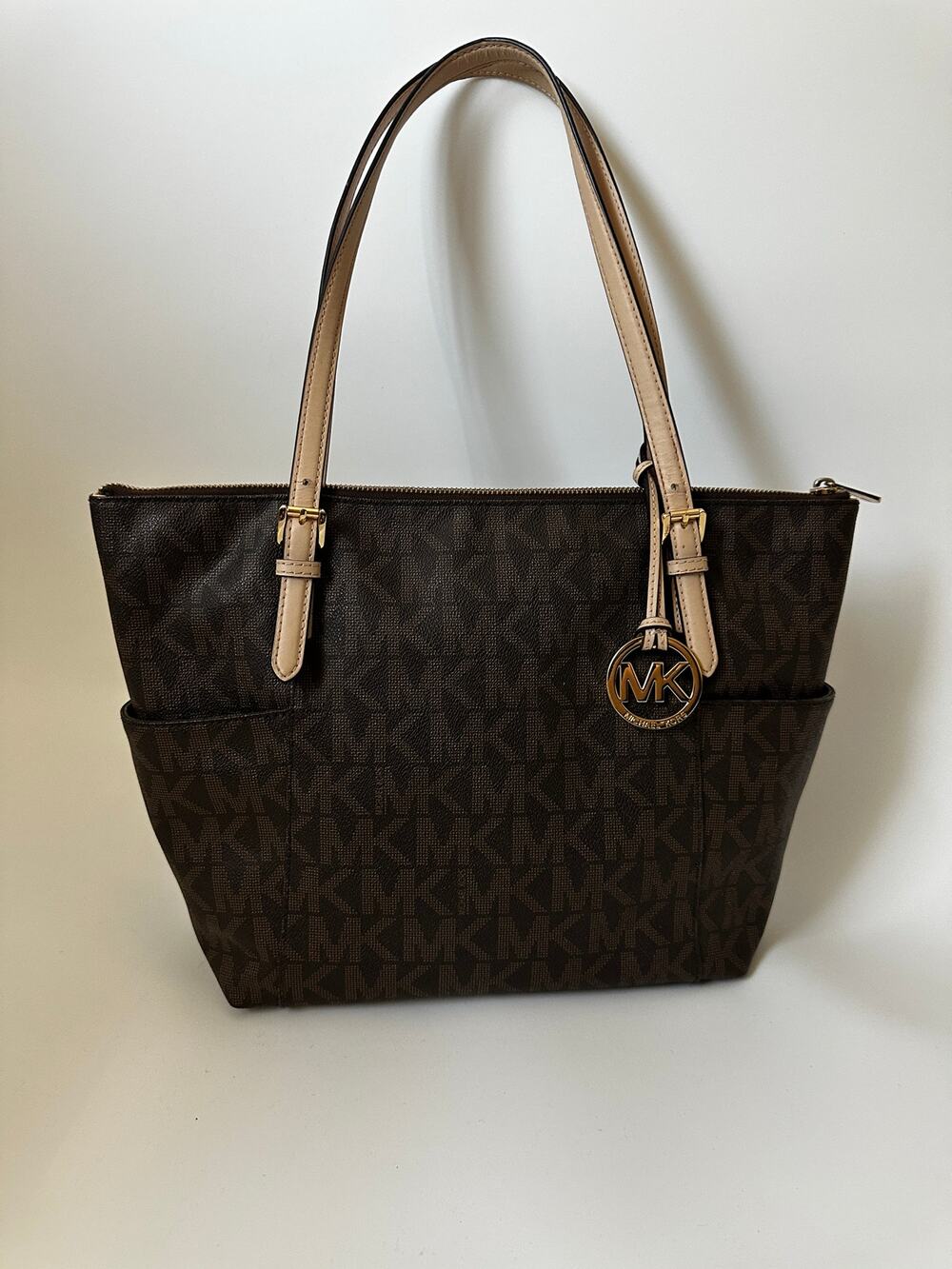 Michael Kors Brown MK Signature Logo Tote Bag Tan Straps Gold Charm